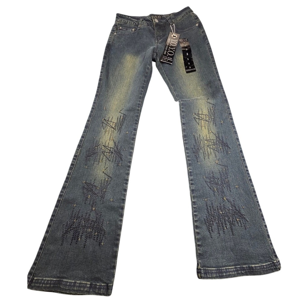 Y.O.Y.O. Flare Jeans Women 5 Dark Blue Rhinestone Sandblasted Stretch YO-4093